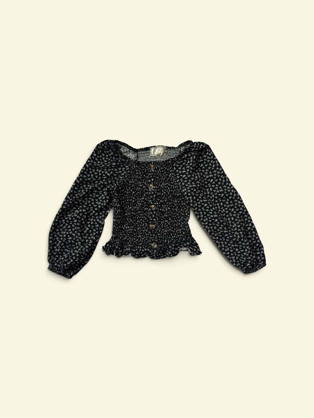 Between Floral Smocked Long Sleeve Top Size 10 Black